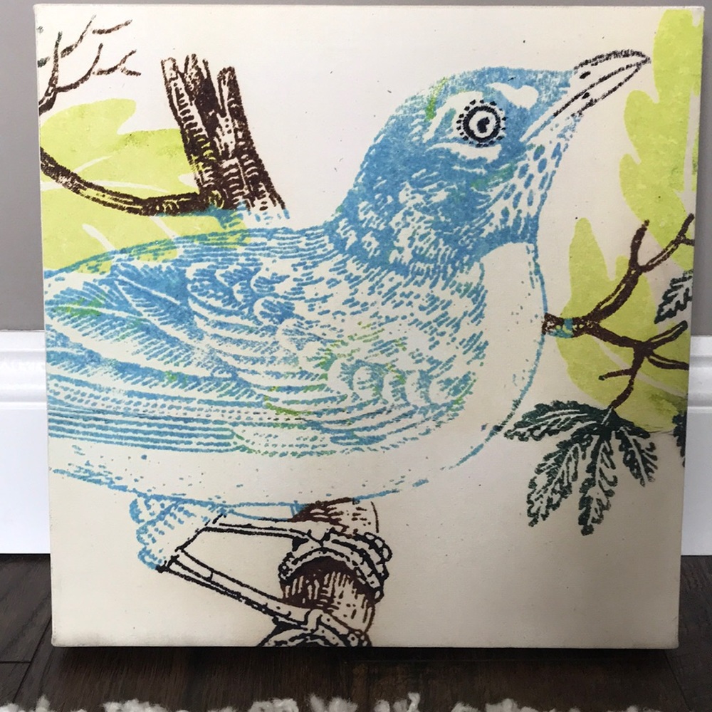 Canvas print bird on branch turquoise and lime